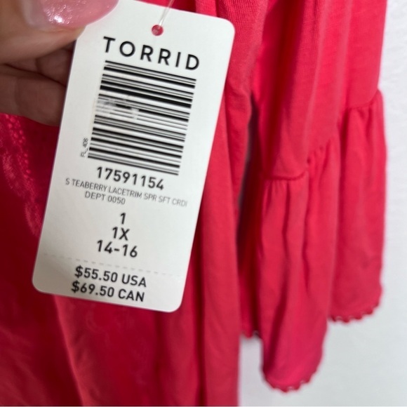 Torrid Cardigan Women 1X 14 16 Cover up Coral Pink Soft Knit Lace Trim Top HH - Picture 10 of 10
